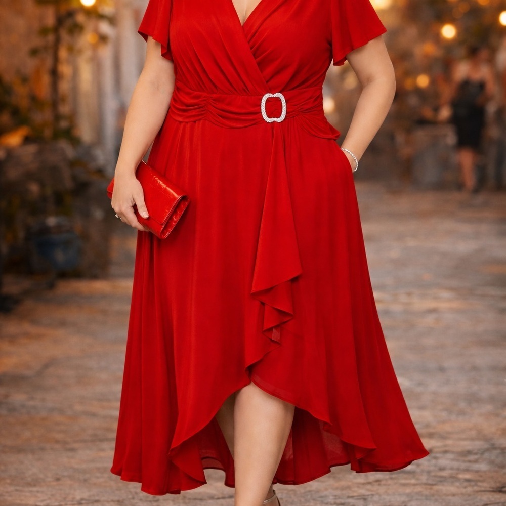 R&M Richards Vibrant Red Asymmetrical Dress